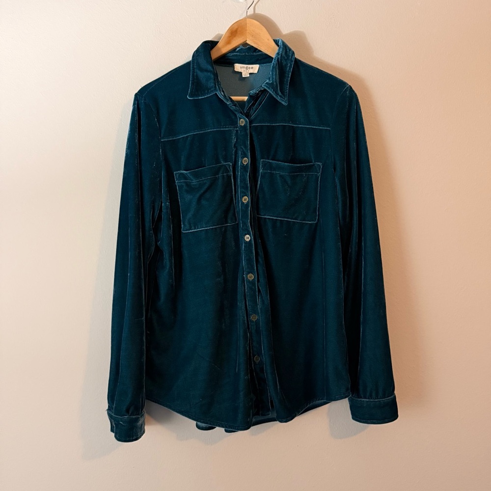 Umgee Deep Teal Velvet Button Down Shirt